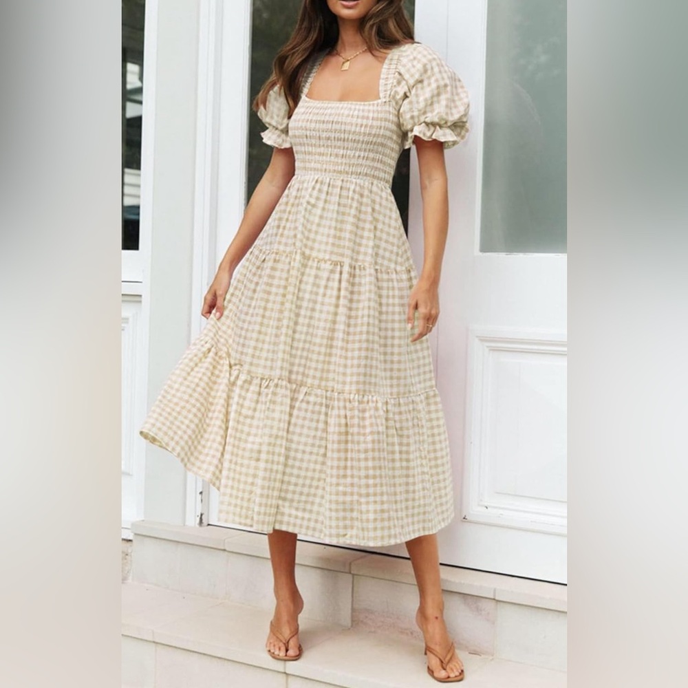 ZESICA Bohemian Summer Plaid Square Neck Puff Sleeve Ruffle Beach Midi Dress